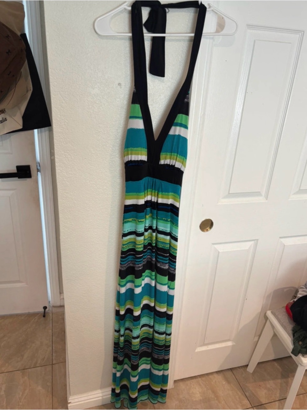 Enfocus Studio Striped Halter Maxi Dress in Teal, Green and Black